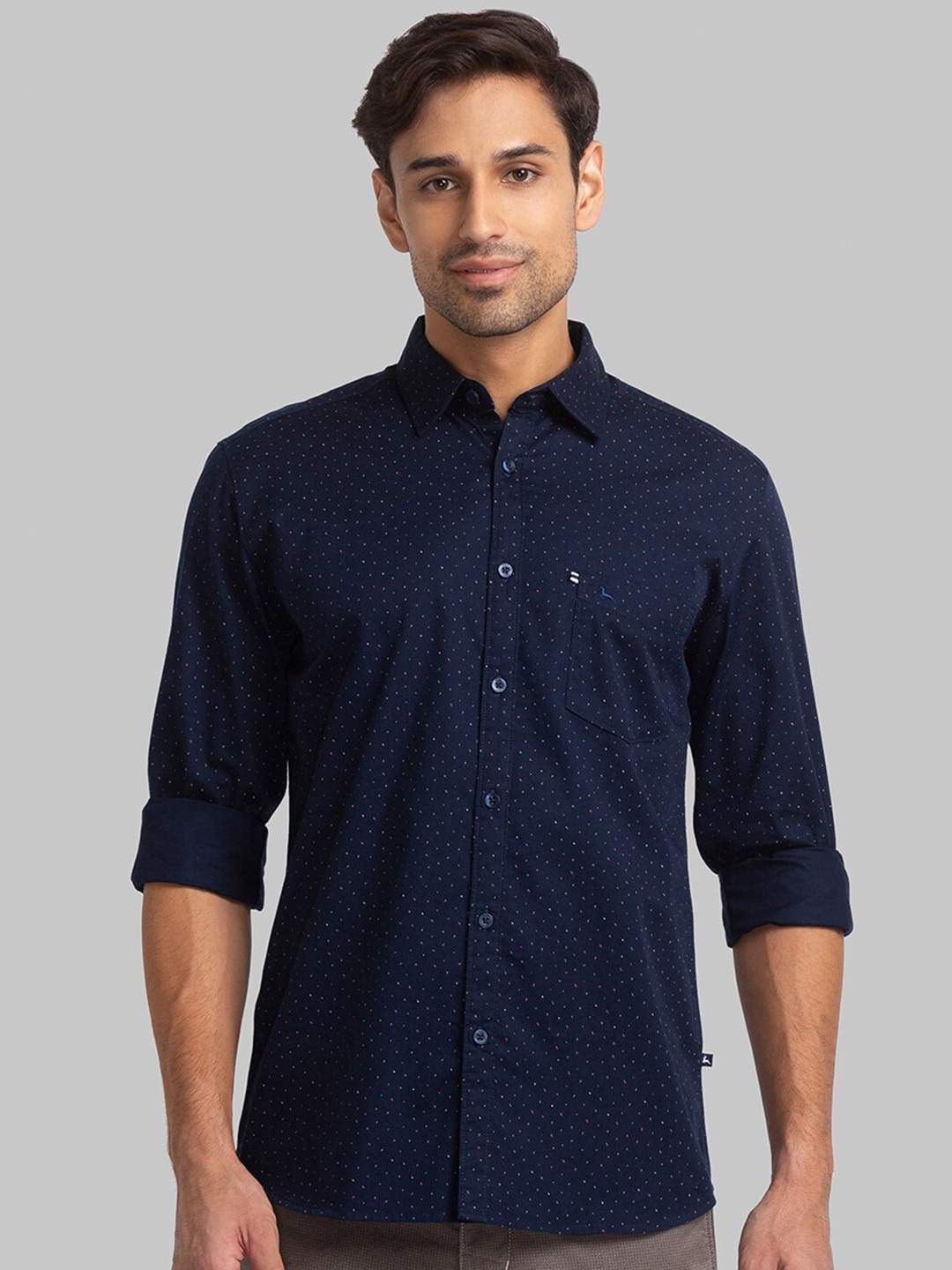 

Parx Spread Collar Slim Fit Micro Ditsy Printed Casual Cotton Shirt, Navy blue