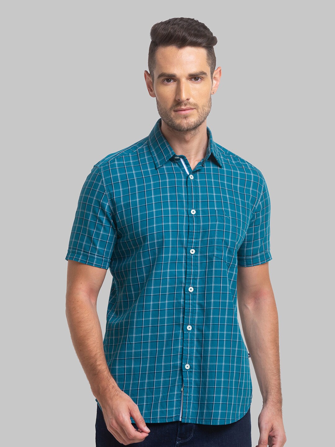 

Parx Men Slim Fit Checked Cotton Casual Shirt, Teal