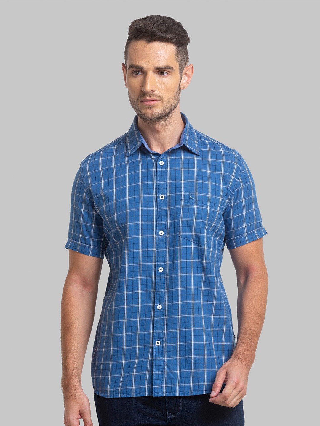 

Parx Men Slim Fit Windowpane Checked Casual Cotton Shirt, Blue