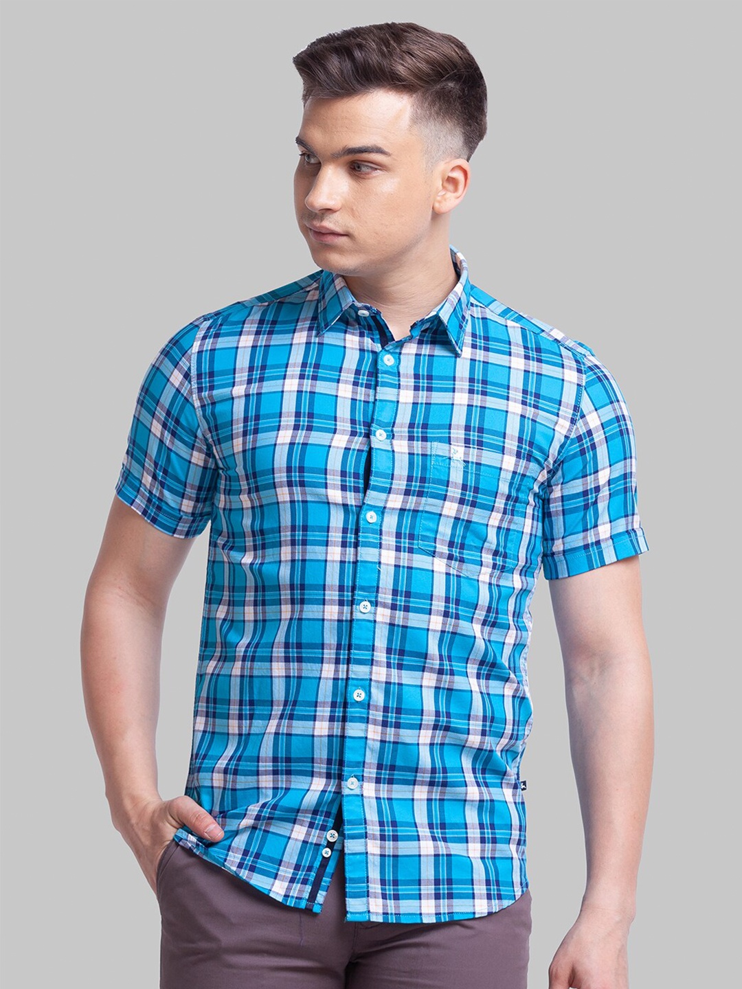 

Parx Men Slim Fit Tartan Checks Casual Cotton Shirt, Blue