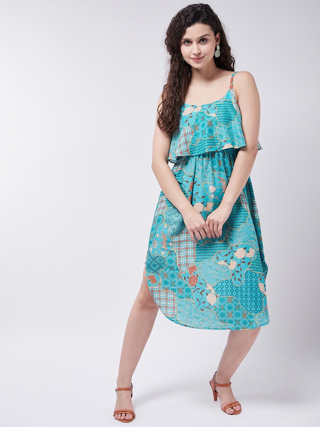 

Zima Leto Abstract Printed Layered Detail Midi Empire Dress, Turquoise blue
