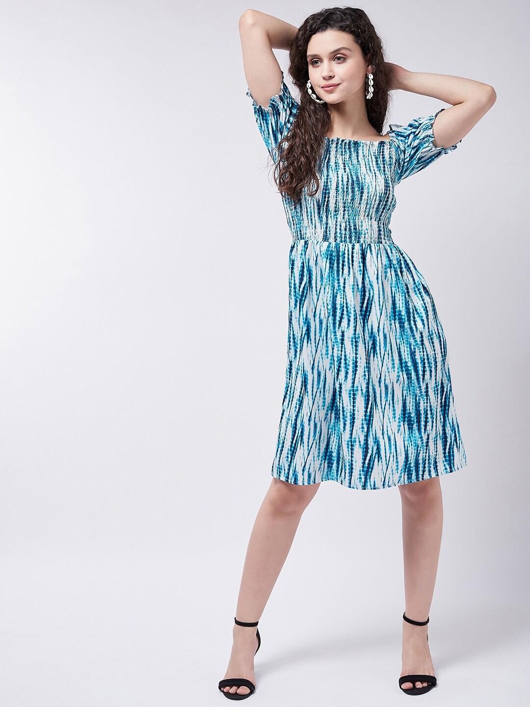 

Zima Leto Square Neck Tie And Dye A-Line Dress, Blue