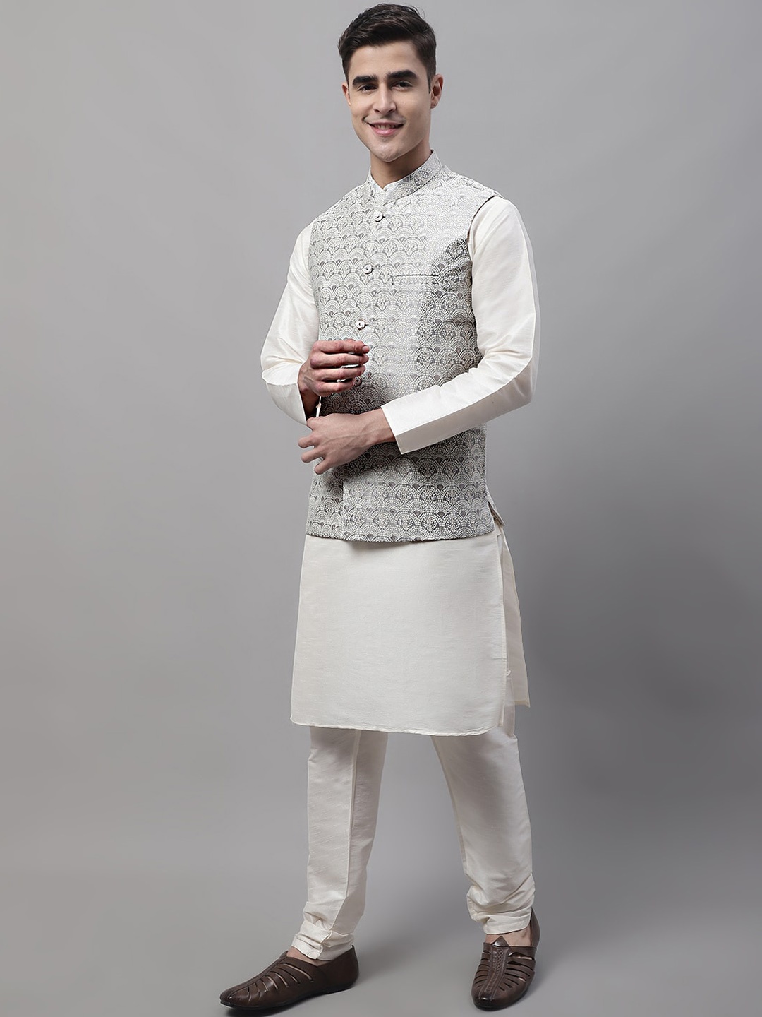 

Jompers Men Solid Dupion Silk Long sleeves Kurta & Churidar With Woven Design Nehru Jacket, White