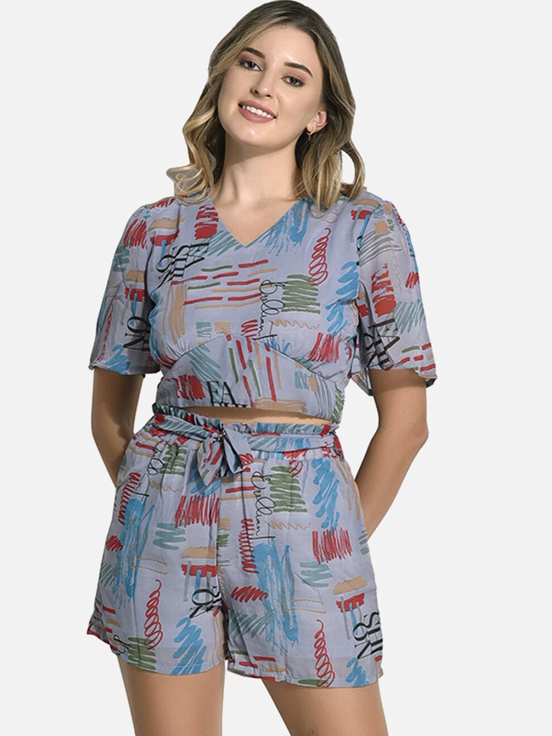 

FIMS Women Printed Top With Shorts, Grey