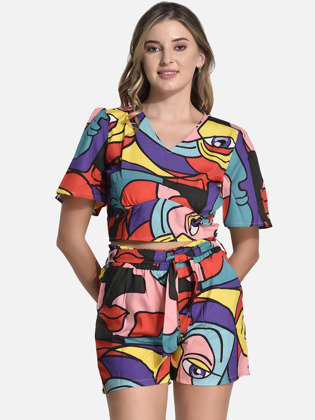 FIMS Women Printed V-Neck Top with Shorts, Blue