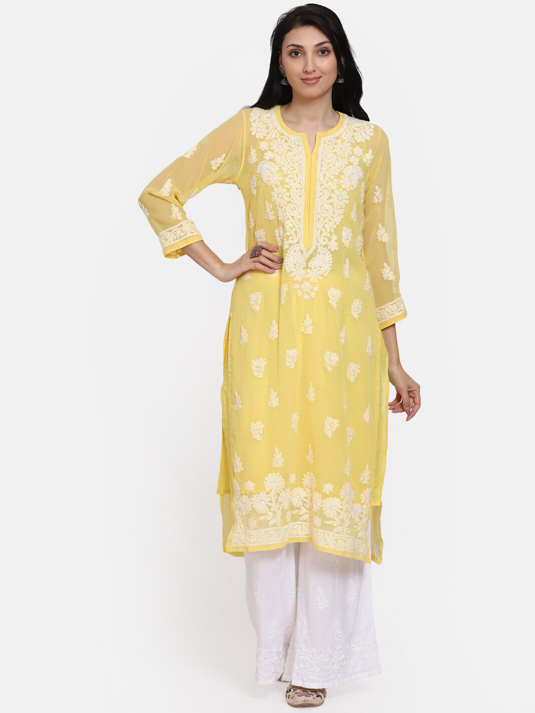 

PARAMOUNT CHIKAN Women Ethnic Motifs Embroidered Chikankari Kurta with Palazzos, Yellow