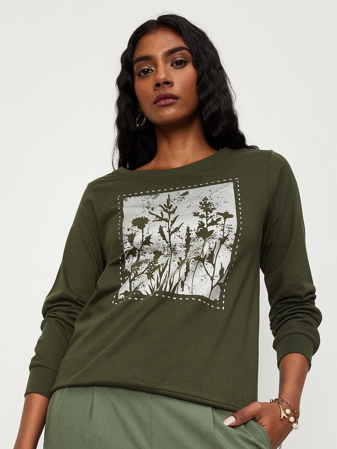 

max Women Typography Printed Long Sleeve Cotton T-shirt, Green