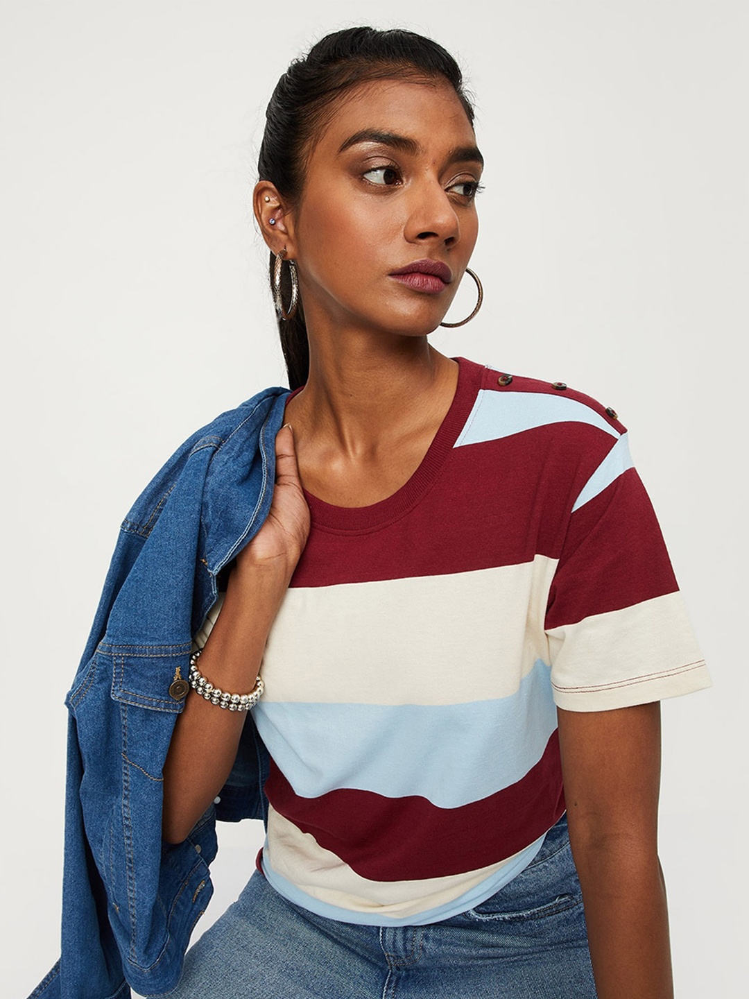

max Women Round Neck Striped Cotton T-shirt, Blue