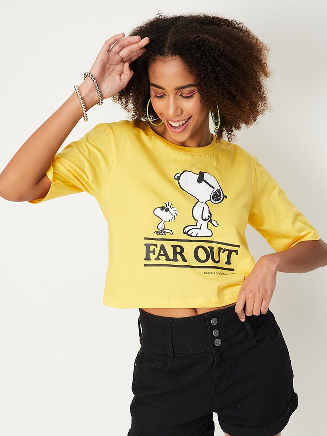 

max Women Snoopy Graphic Printed Cotton T-shirt, Yellow