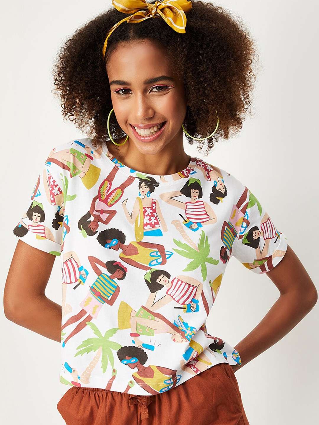 

max Women Printed Cotton T-shirt, White