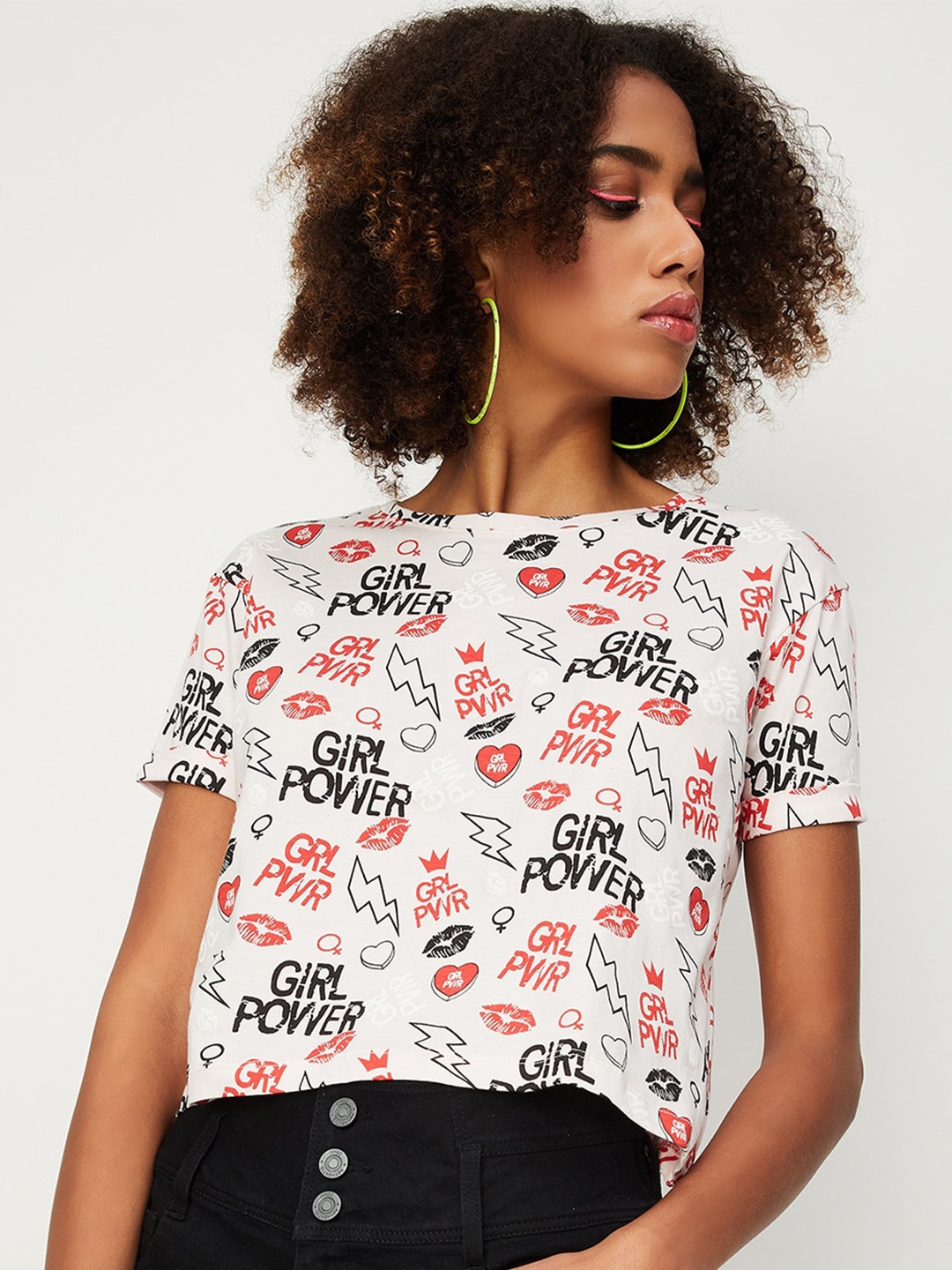 max Women Typography Printed Pure Cotton T-shirt, White