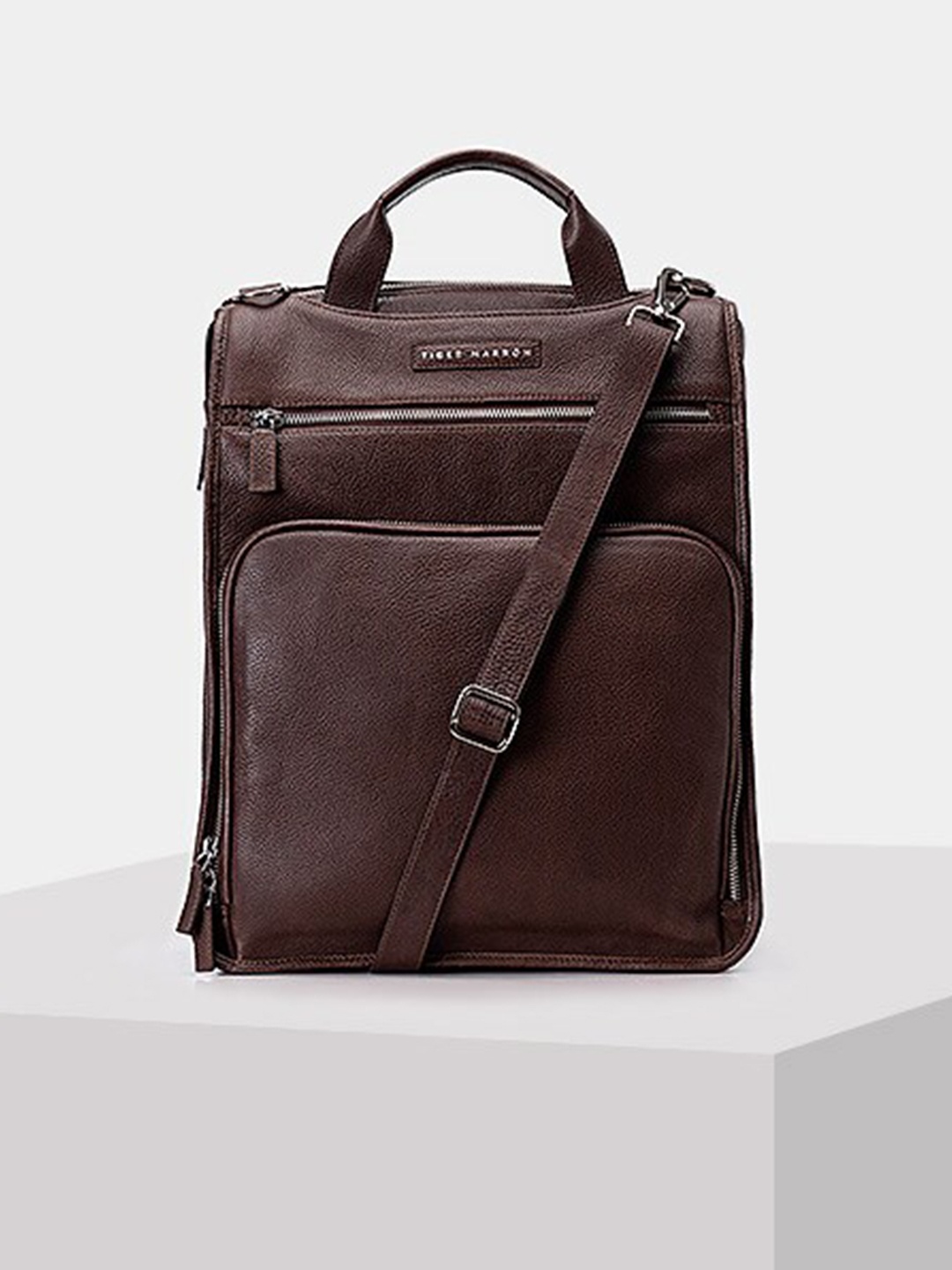 TIGER MARRON Leather Paded Backpack, Brown