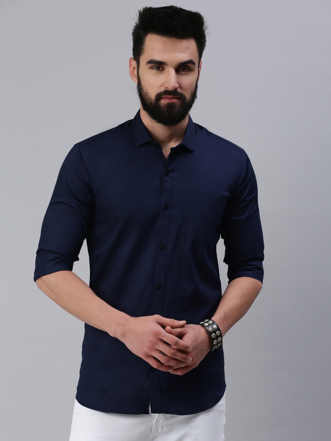 

Rodzen Men Standard Slim Fit Casual Cotton Shirt, Navy blue