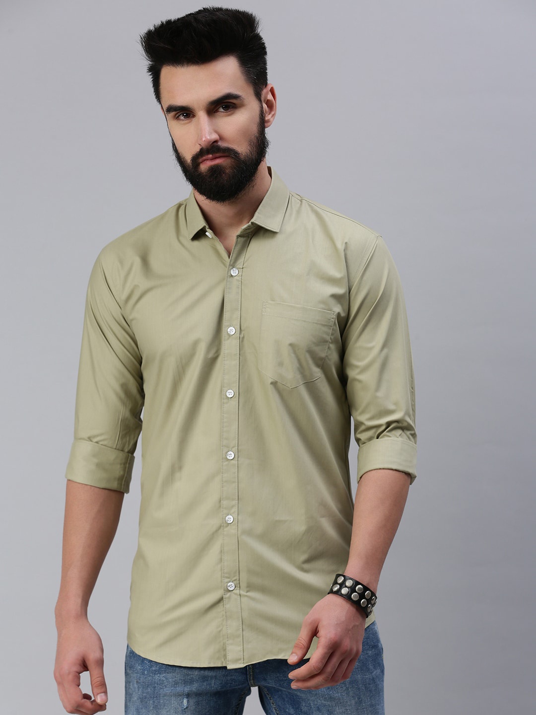 

Rodzen Men Standard Slim Fit Casual Cotton Shirt, Green