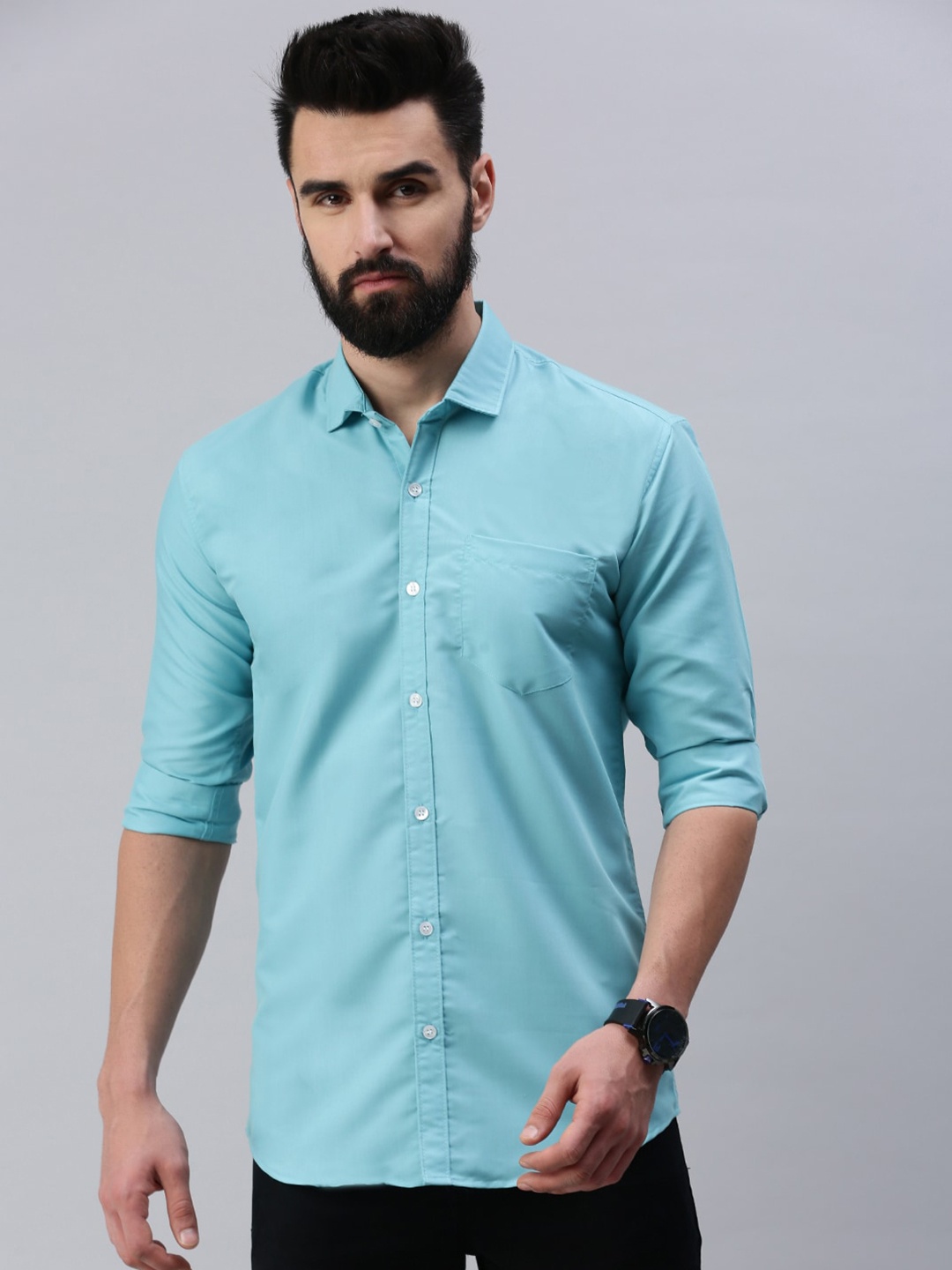

Rodzen Men Standard Slim Fit Casual Cotton Shirt, Turquoise blue