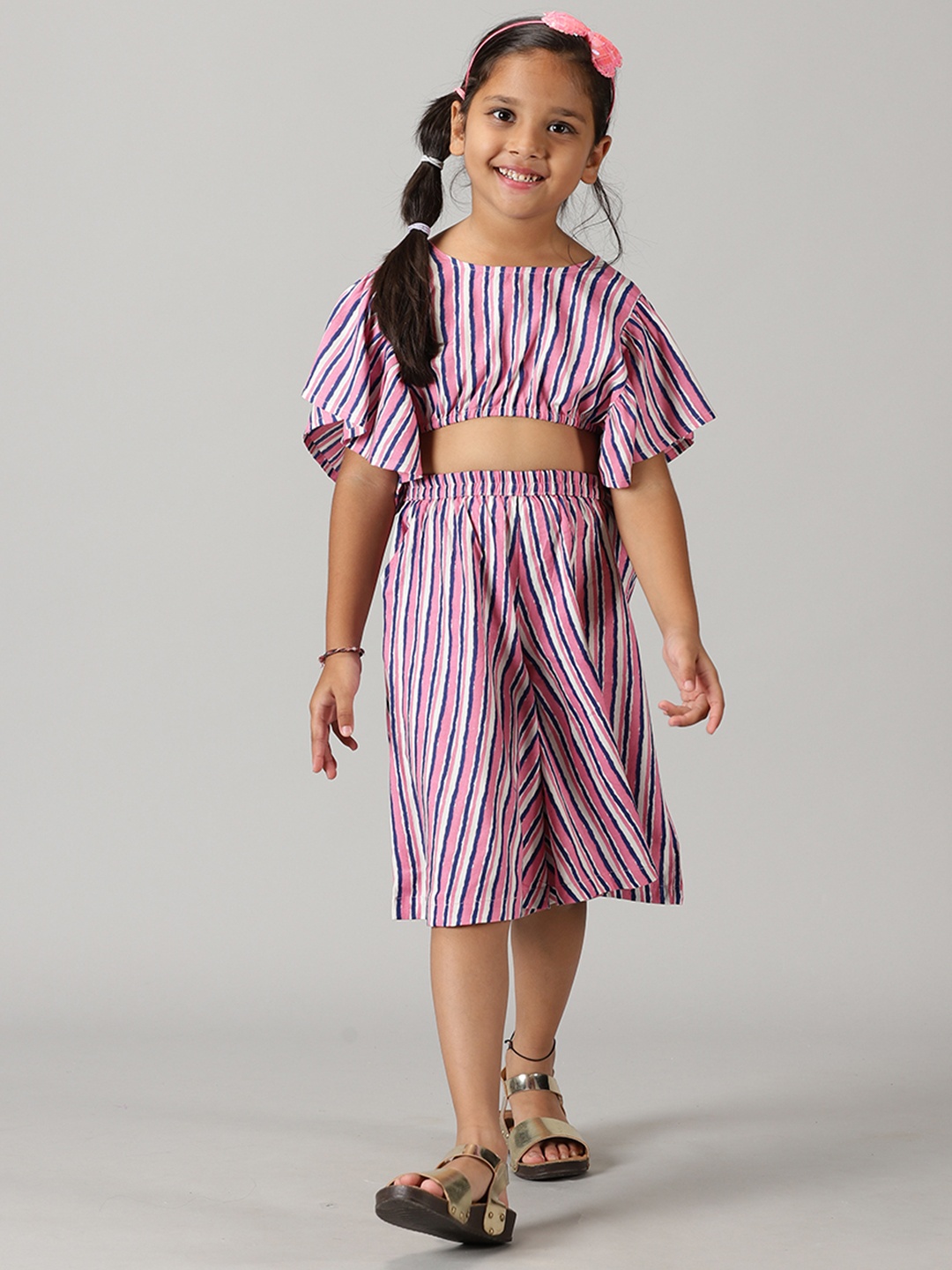 

KiddoPanti Girls Striped Top with Culottes, Pink