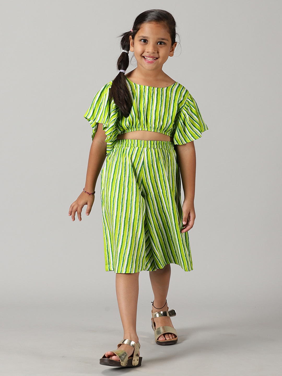 

KiddoPanti Girls Striped Top with Culottes, Lime green