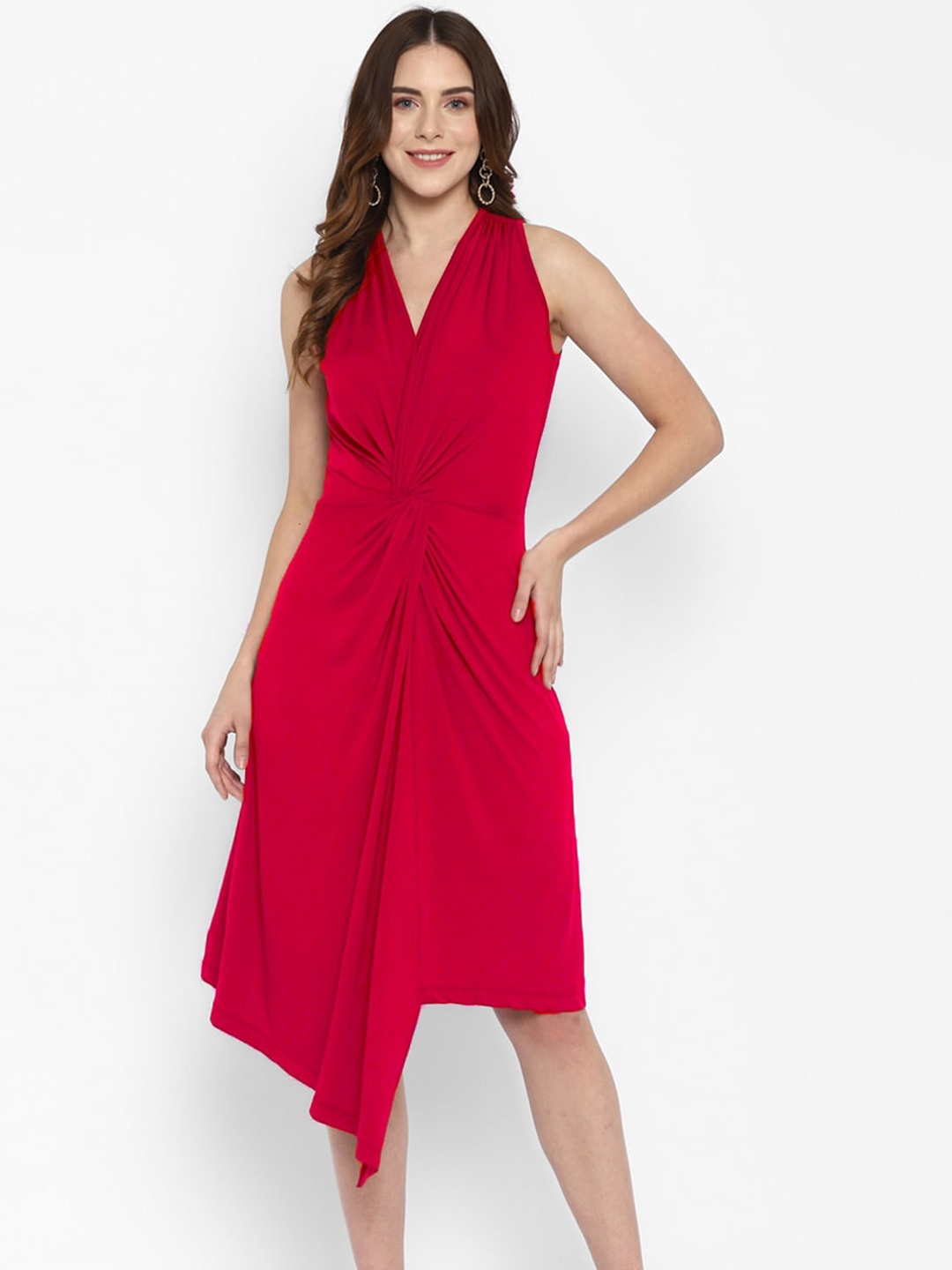 

Taurus V-Neck Twisted Lycra Midi Dress, Pink