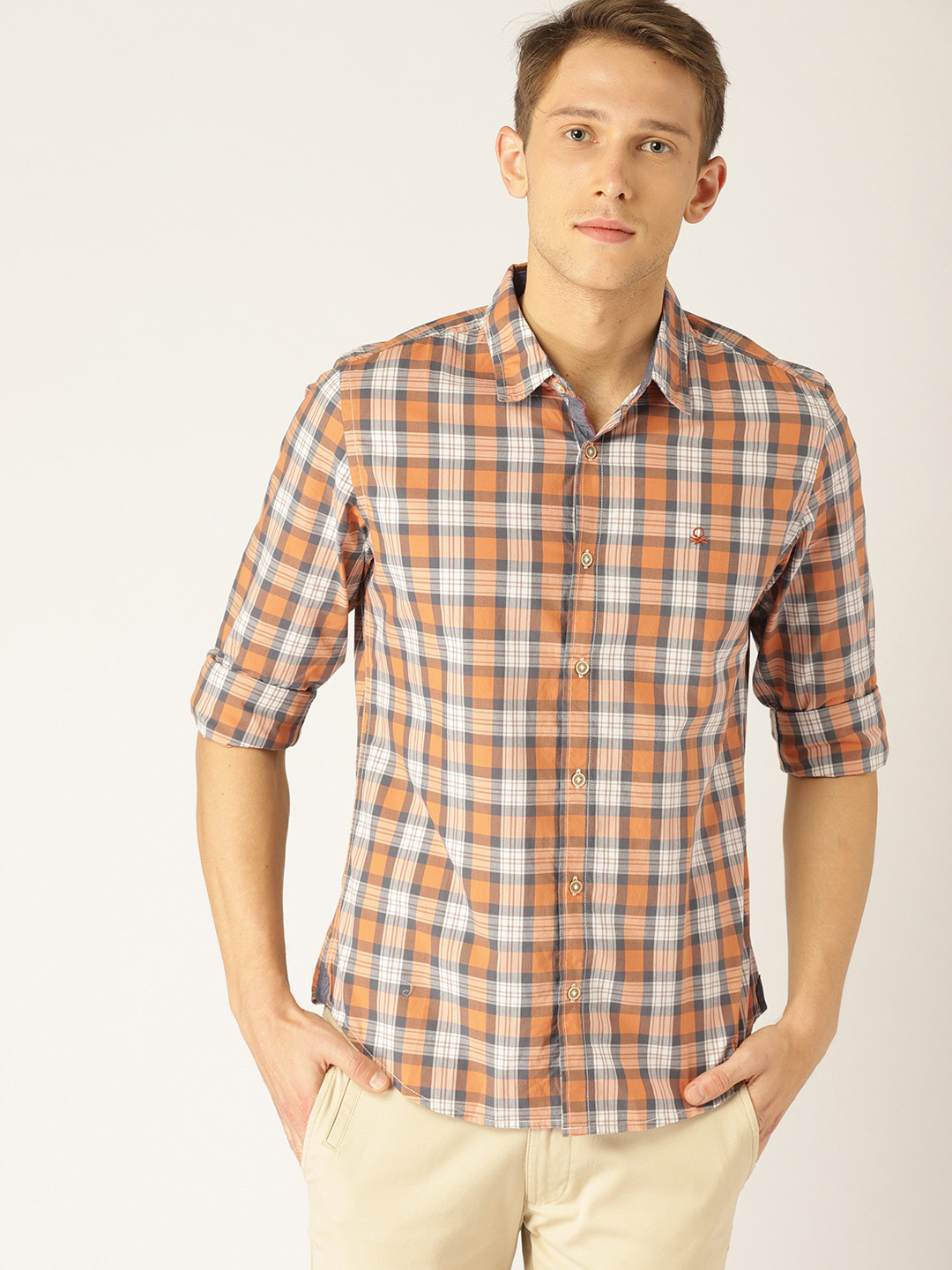 

United Colors of Benetton Men Orange & Grey Slim Fit Checked Casual Shirt