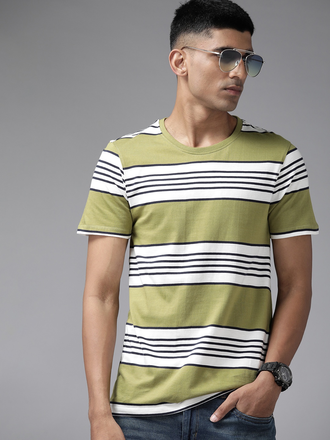 

The Roadster Lifestyle Co. Striped Pure Cotton T-shirt, Olive