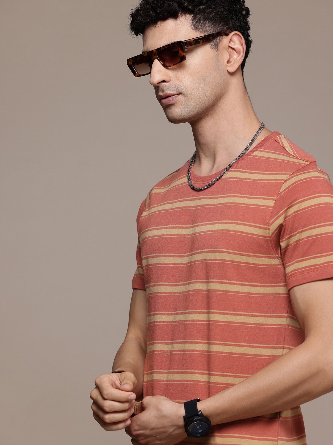 

The Roadster Life Co. Striped Pure Cotton T-shirt, Peach