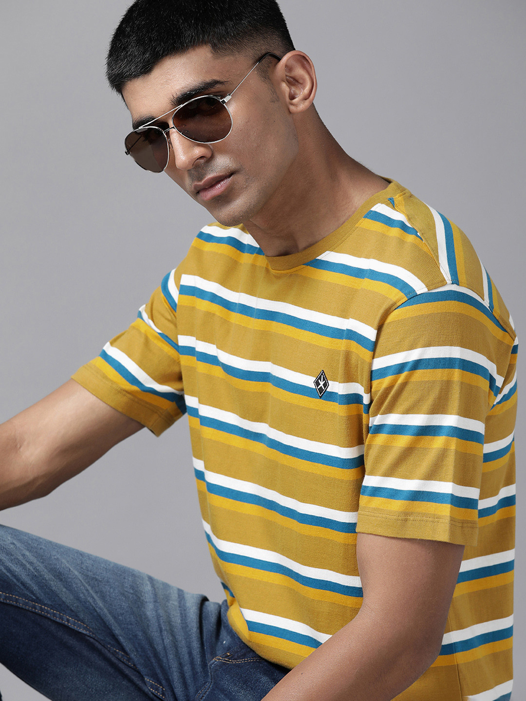 

The Roadster Lifestyle Co. Striped Pure Cotton Boxy T-shirt, Olive