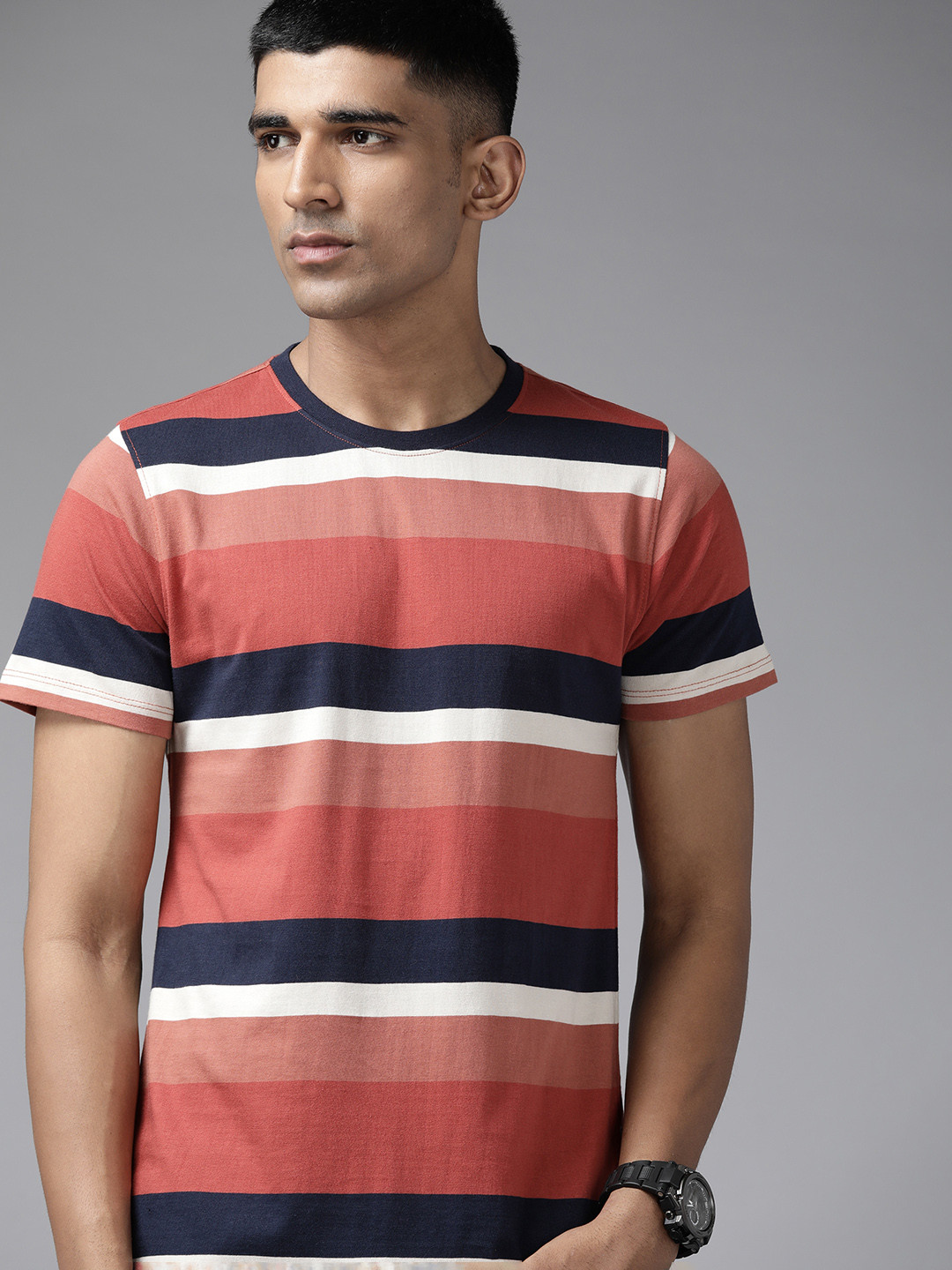 

The Roadster Lifestyle Co. Striped Pure Cotton T-shirt, Rust