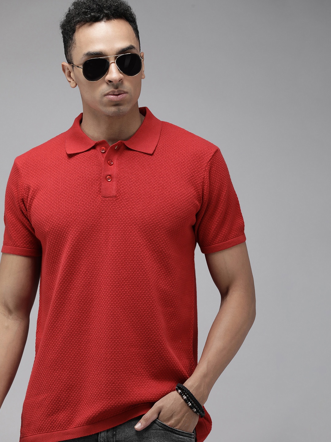 

Roadster Self Design Polo Collar Knitted Pure Cotton T-shirt, Red