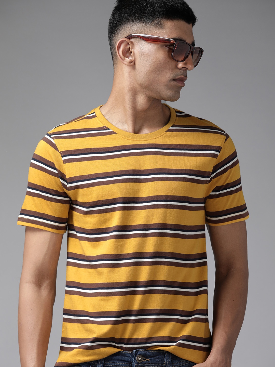 

The Roadster Lifestyle Co. Striped Pure Cotton T-shirt, Mustard