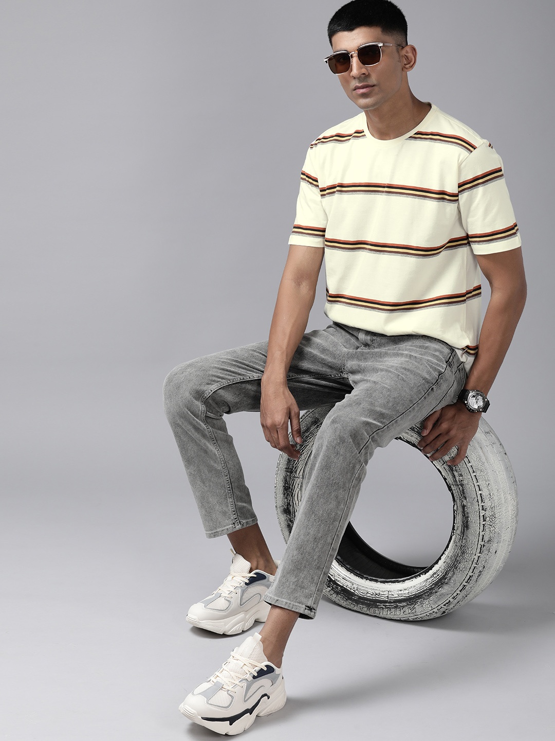 

The Roadster Lifestyle Co. Striped Pure Cotton Boxy T-shirt, Cream