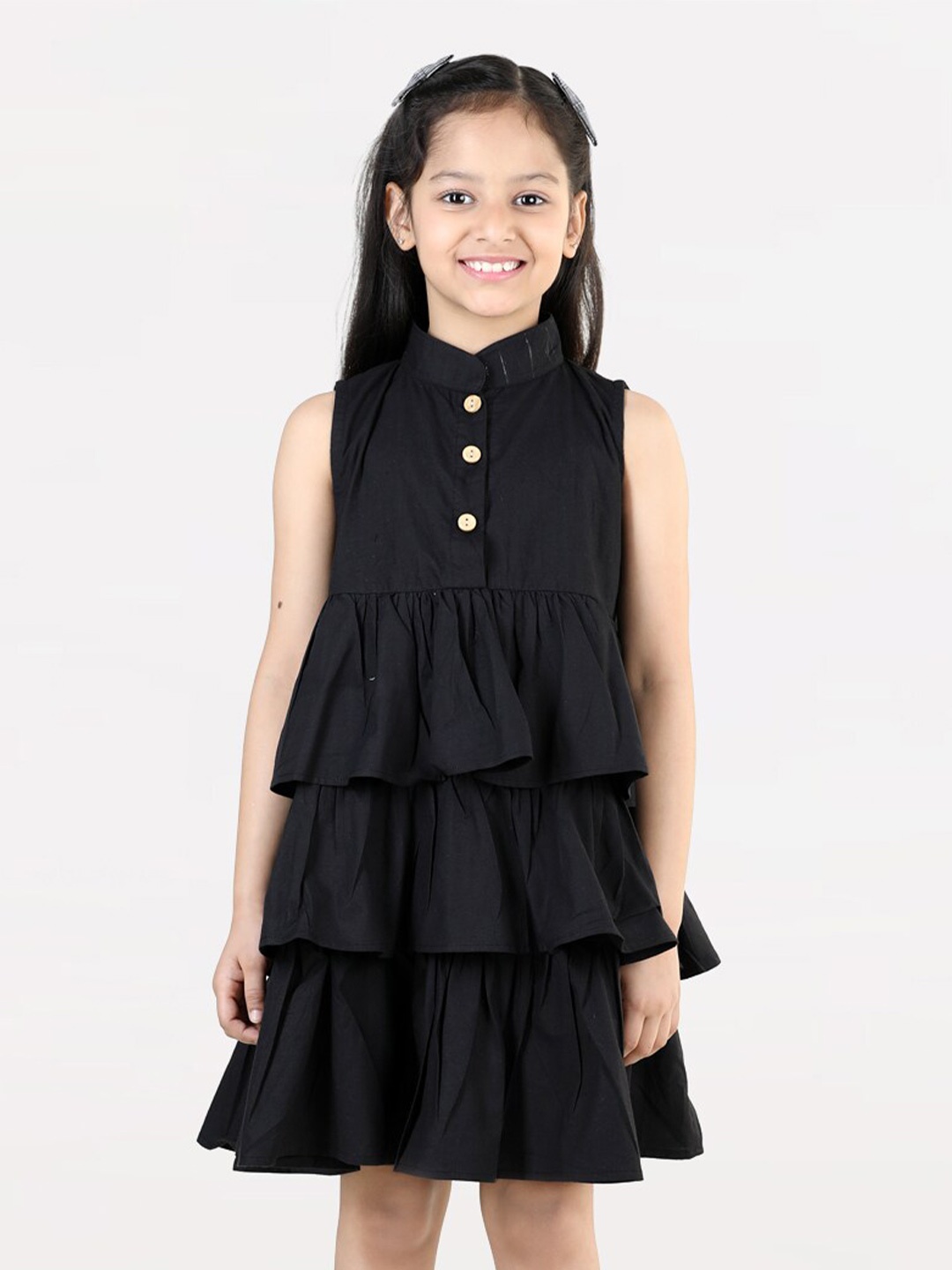 

AWW HUNNIE Girls Mandarin Collar Tiered Fit & Flare Cotton Dress, Black