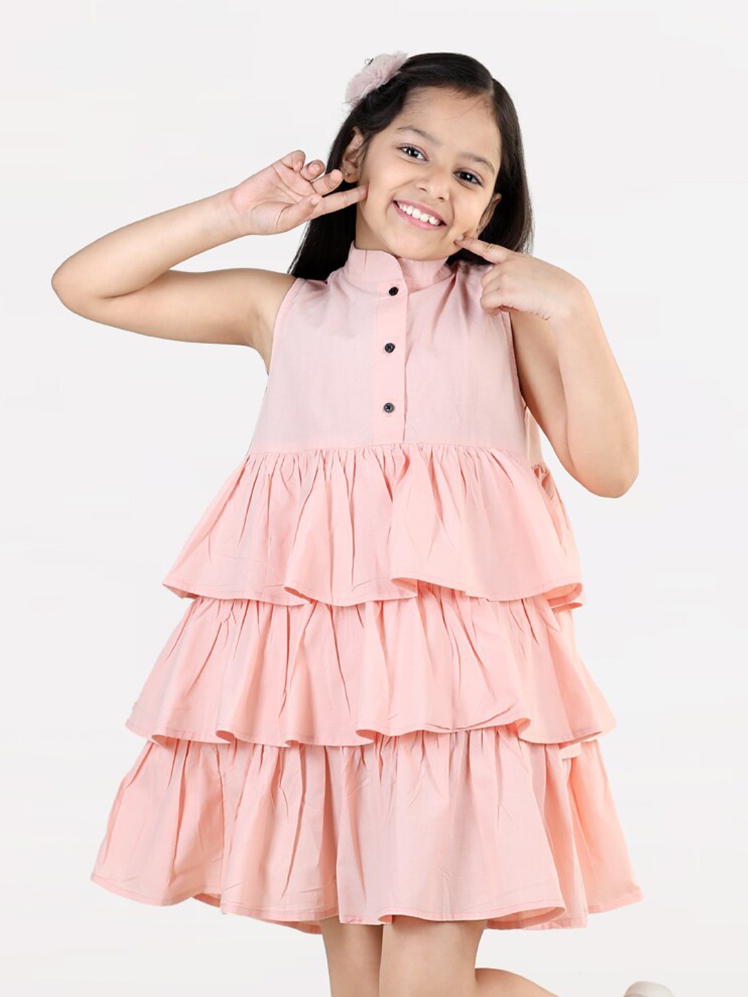 

AWW HUNNIE Girls Ruffles Tiered Pure Cotton A-Line Dress, Peach