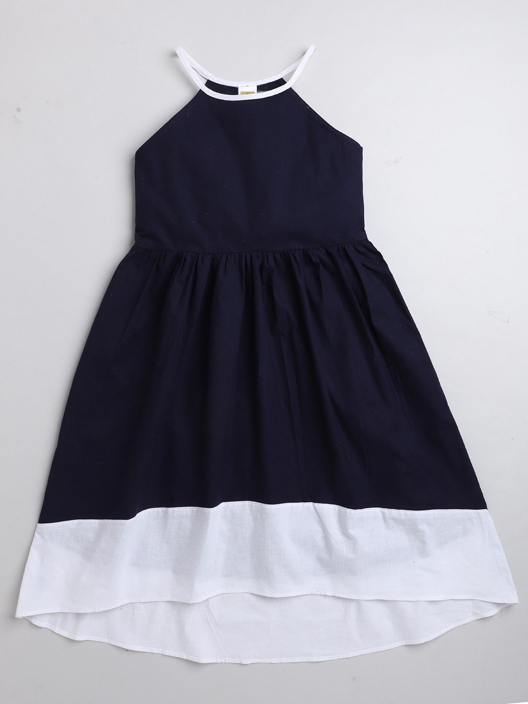 

AWW HUNNIE Girls Shoulder Straps Colourblocked Cotton A-Line Dress, Navy blue