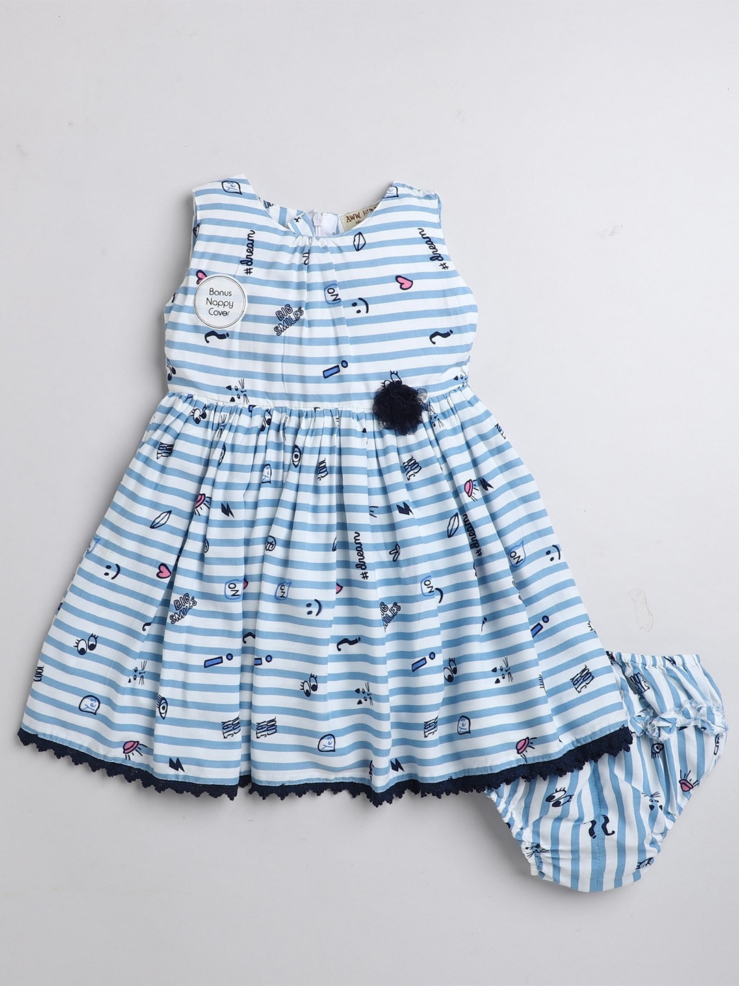 

AWW HUNNIE Girls Round Neck Striped Cotton Dress With Nappy, Blue