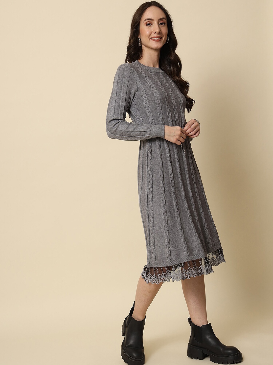 

Beatnik Round Neck Woolen Jumper Dress, Grey