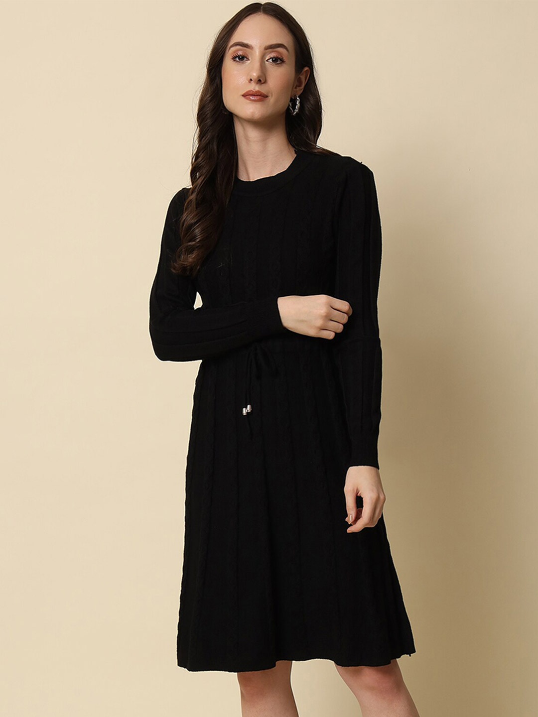 

Beatnik Round Neck A-Line Wool Dress, Black