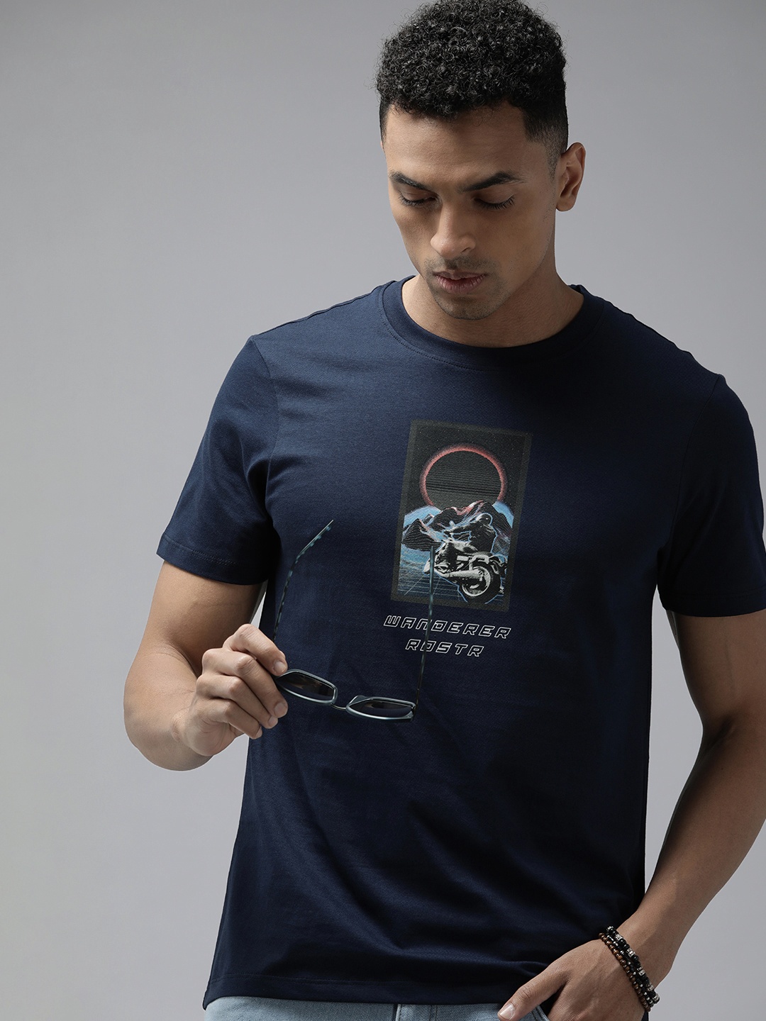 

The Roadster Lifestyle Co. Printed Pure Cotton T-shirt, Navy blue