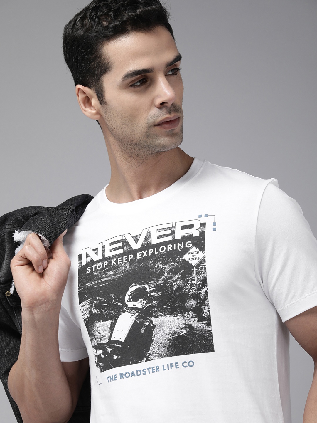 

Roadster Men Printed Pure Cotton T-shirt, White