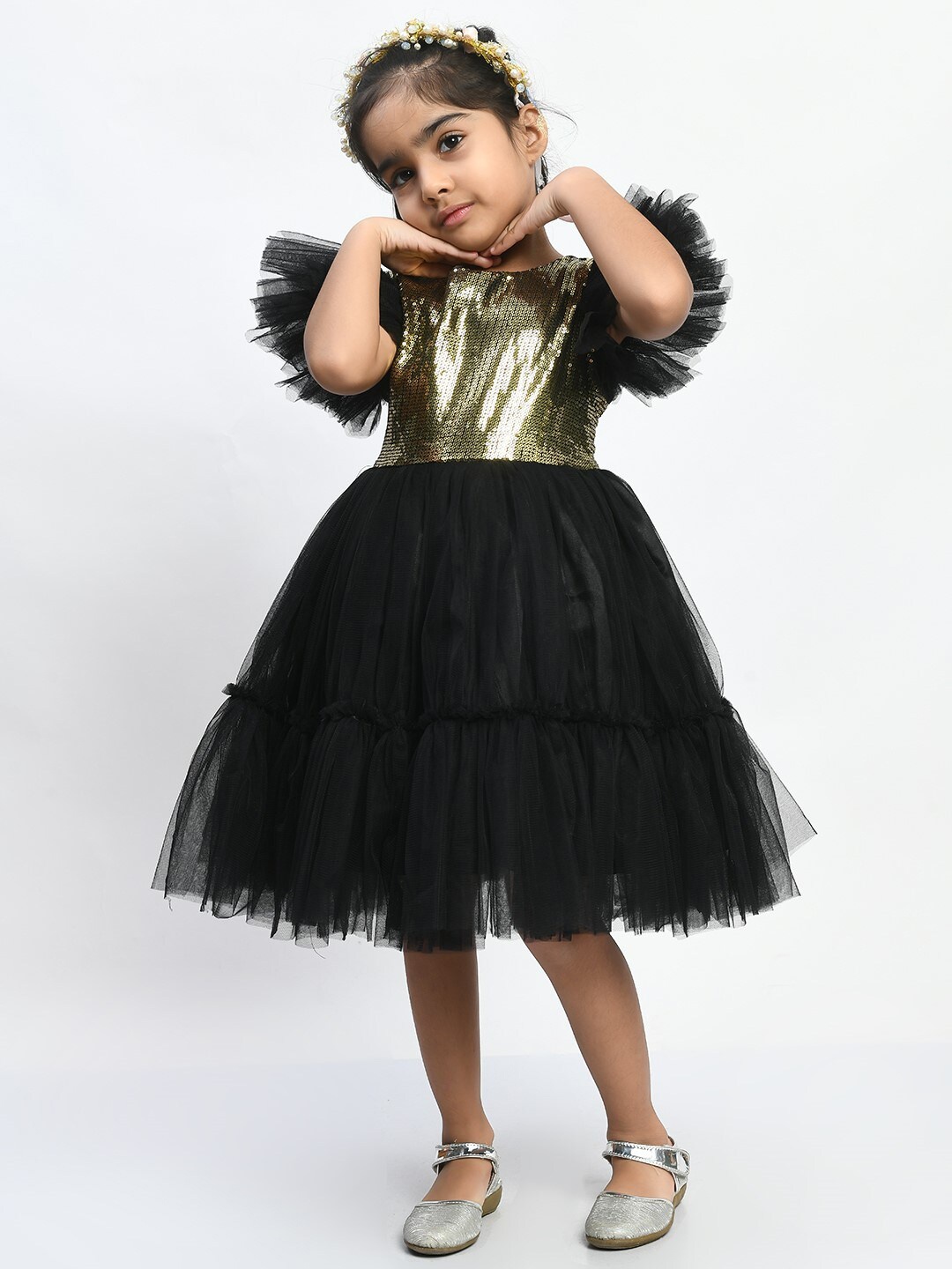 

Bella Moda Girls Sequinned Embellished Flutter Sleeves Satin Dress, Black