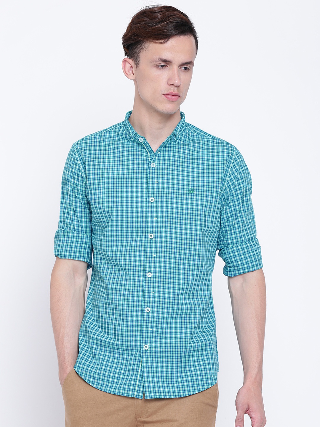 

United Colors of Benetton Men Sea Green & Blue Slim Fit Checked Casual Shirt