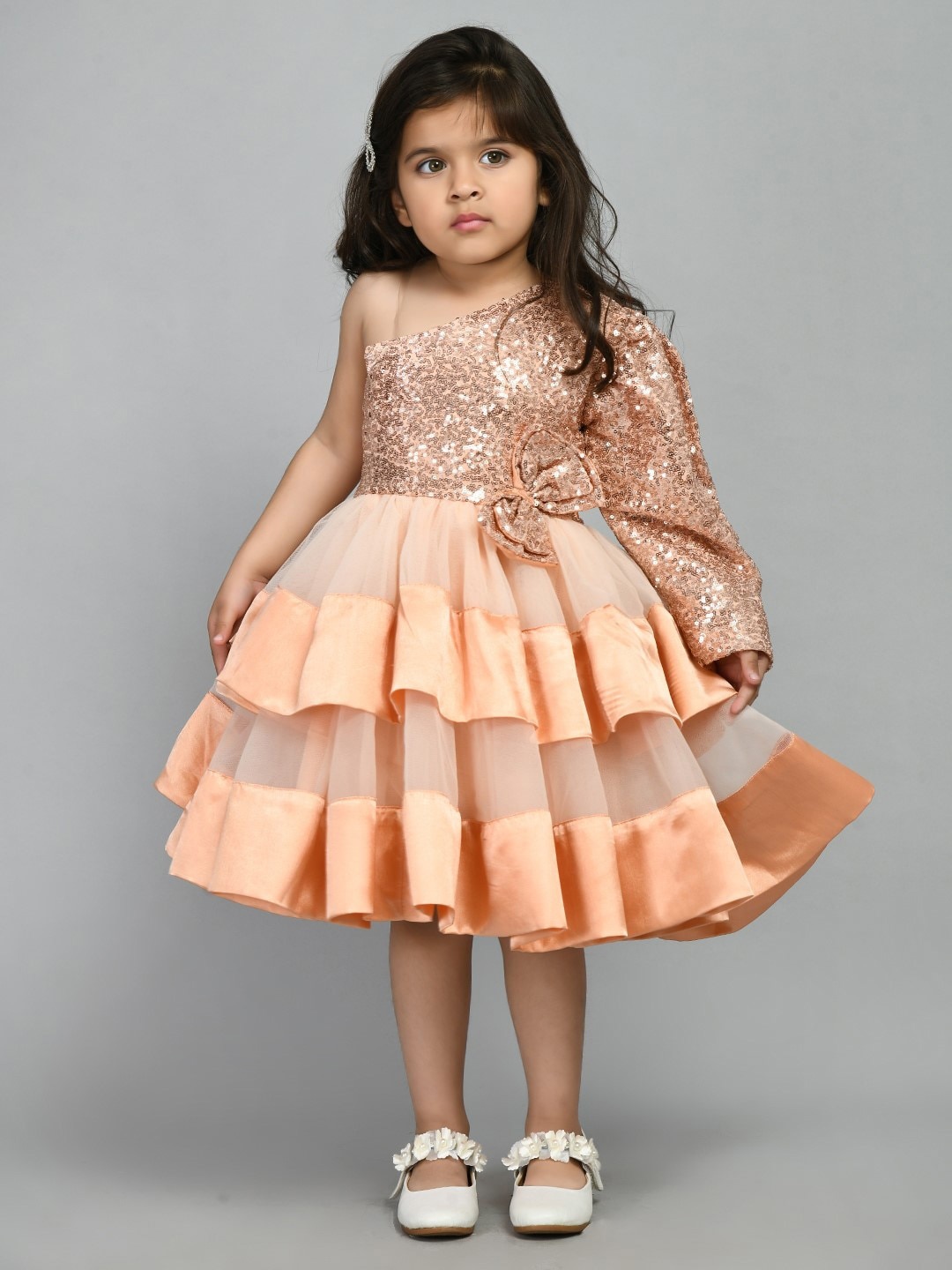 Bella Moda Girls One Shoulder Embellished Dress, Peach