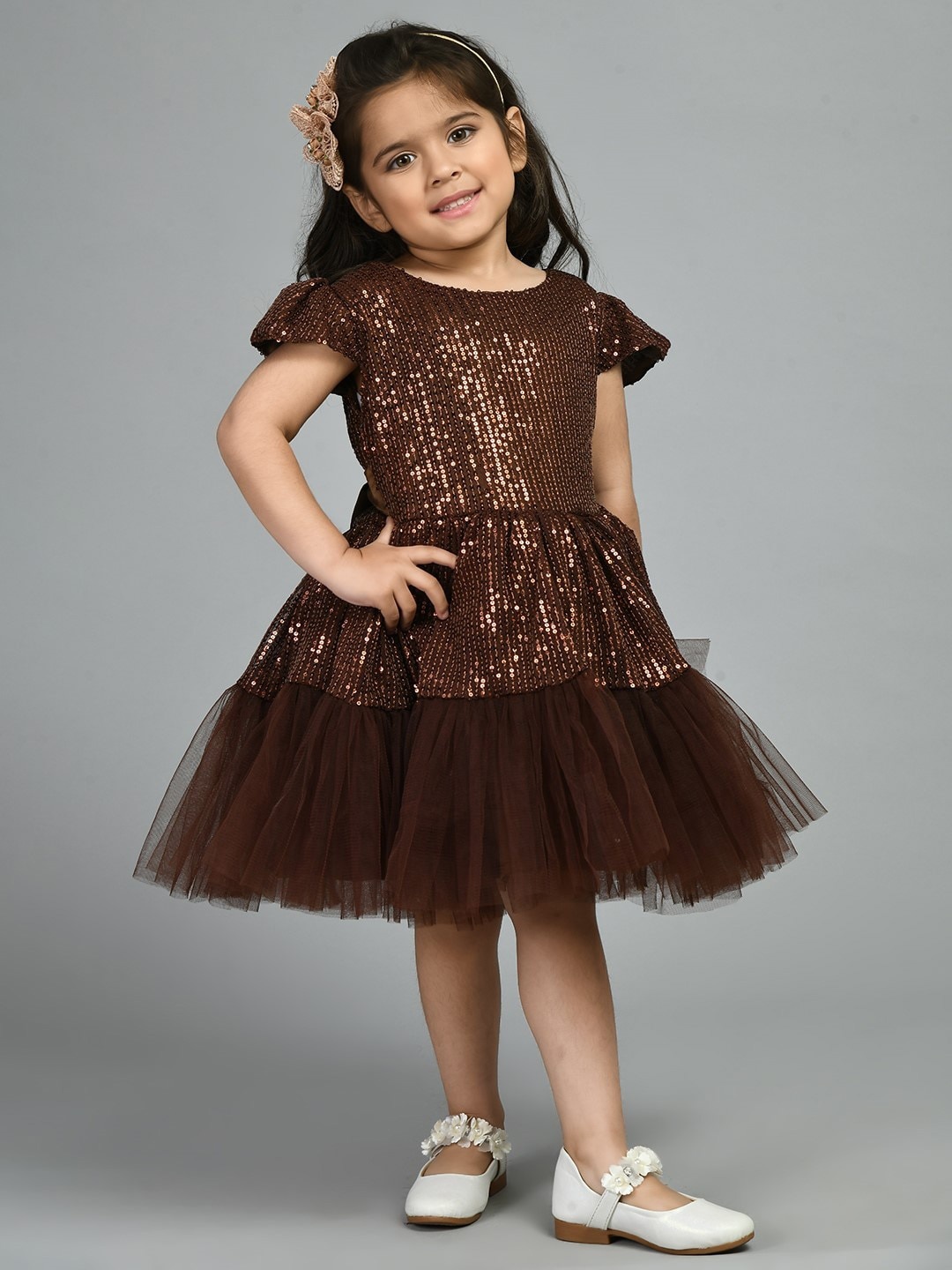 Bella Moda Girls Round Neck Embellished Dress, Brown