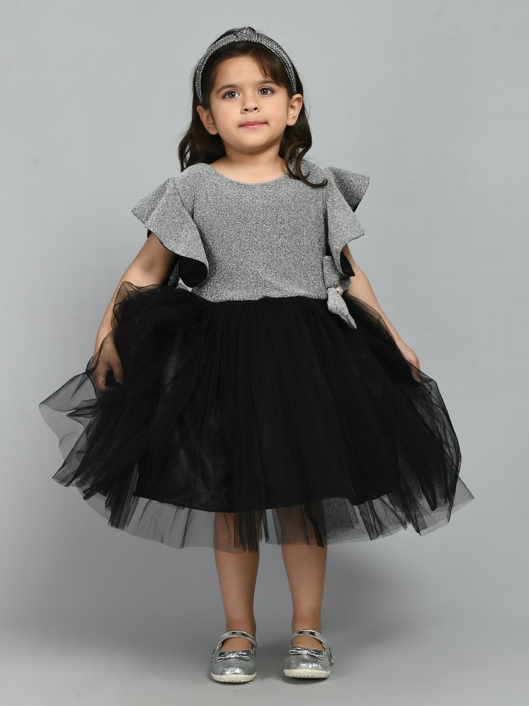 

Bella Moda Girls Round Neck Flared Sleeves Satin Dress, Grey melange