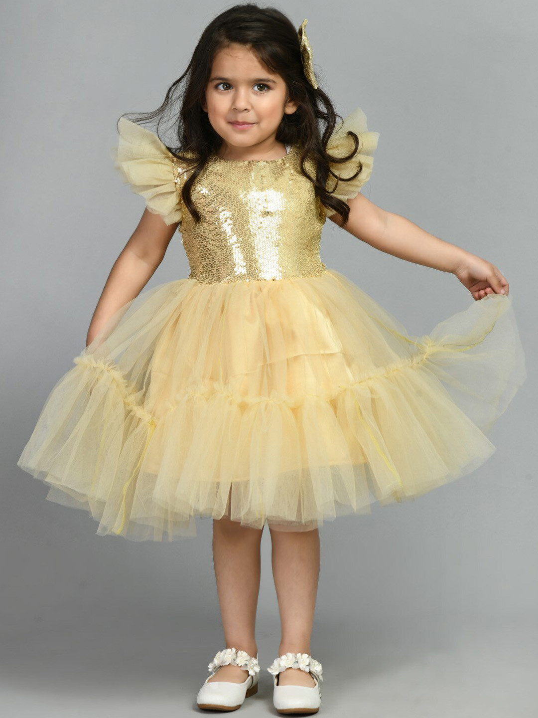 

Bella Moda Girls Sequinned Embellished Flutter Sleeves Satin Dress, Yellow