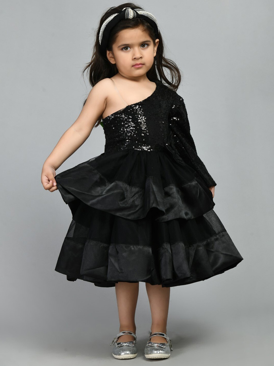 

Bella Moda Girls Embellished One Shoulder Satin Midi Dress, Black