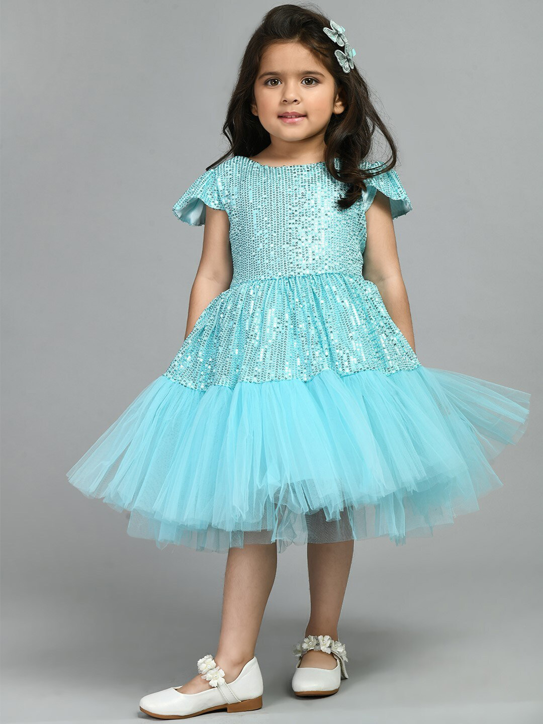 

Bella Moda Girls Sequinned Embellished Flutter Sleeves Satin Dress, Blue