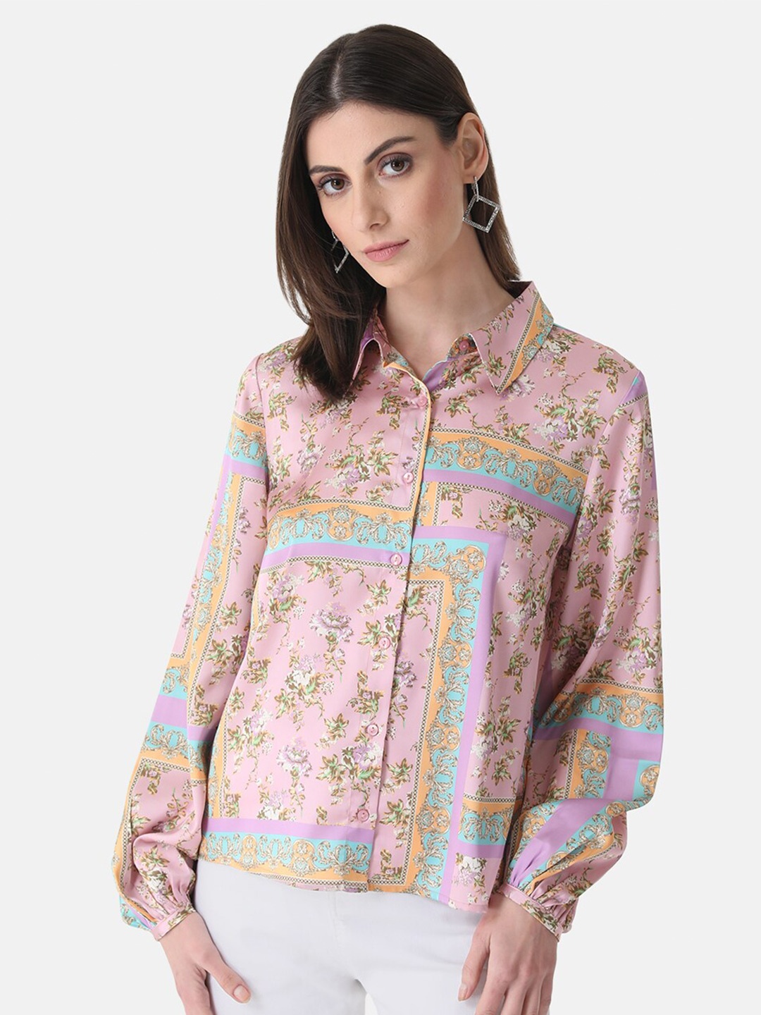

Kazo Women Floral Printed Satin Party Shirt, Yellow