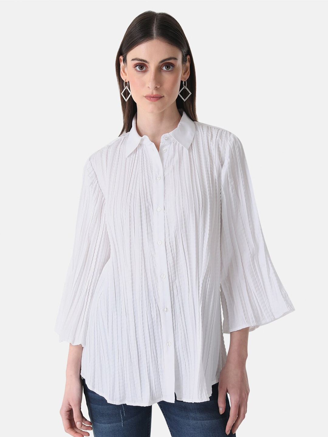 

Kazo Women Self Design Flared Sleeves Party Shirt, White