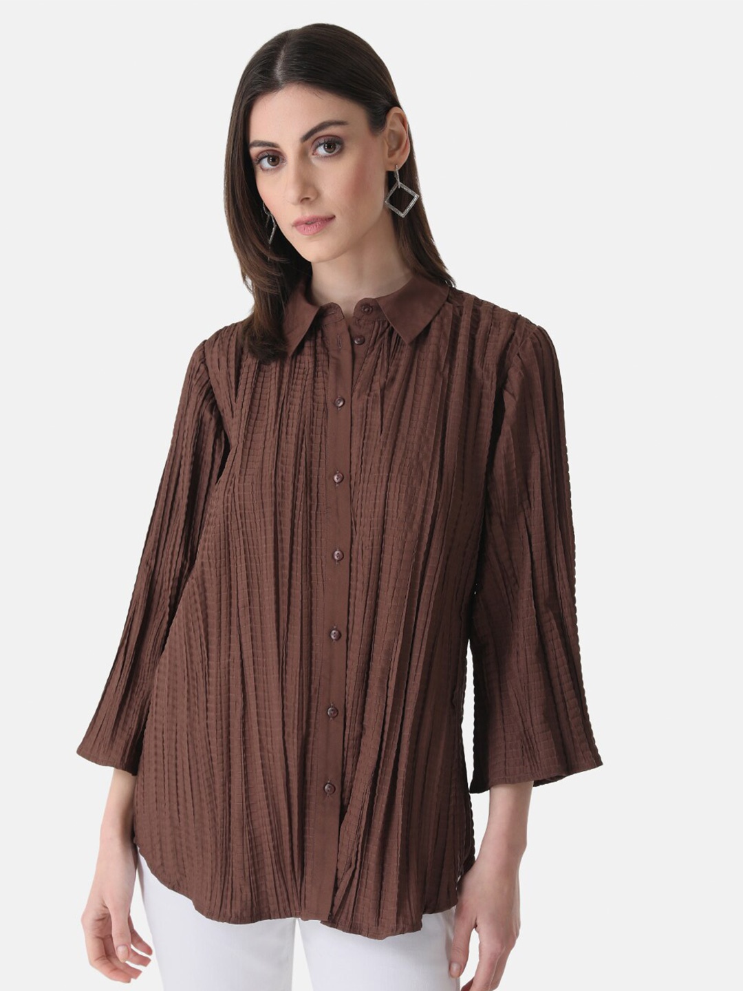 

Kazo Women Casual Shirring Shirt, Brown