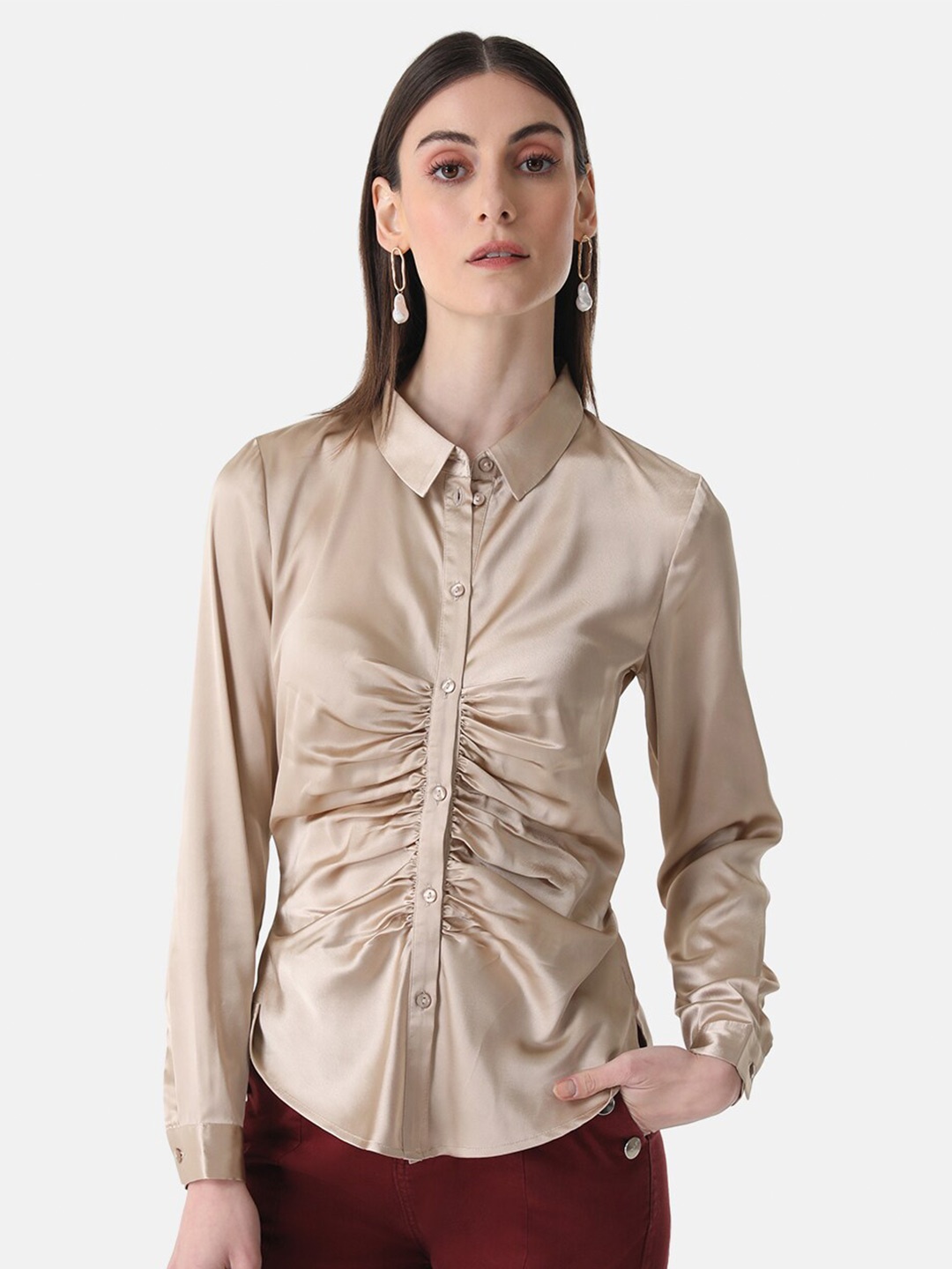 

Kazo Women Party Gathered Satin Shirt, Beige